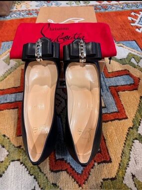 Christian Louboutin Black Leather Bow Flats with Silver Stud Accent